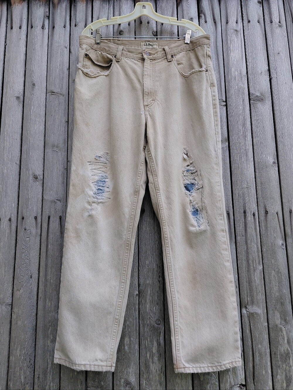 Dads Vintage LL Bean brown blue patched authentic distressed jeans Mens 36 x 40